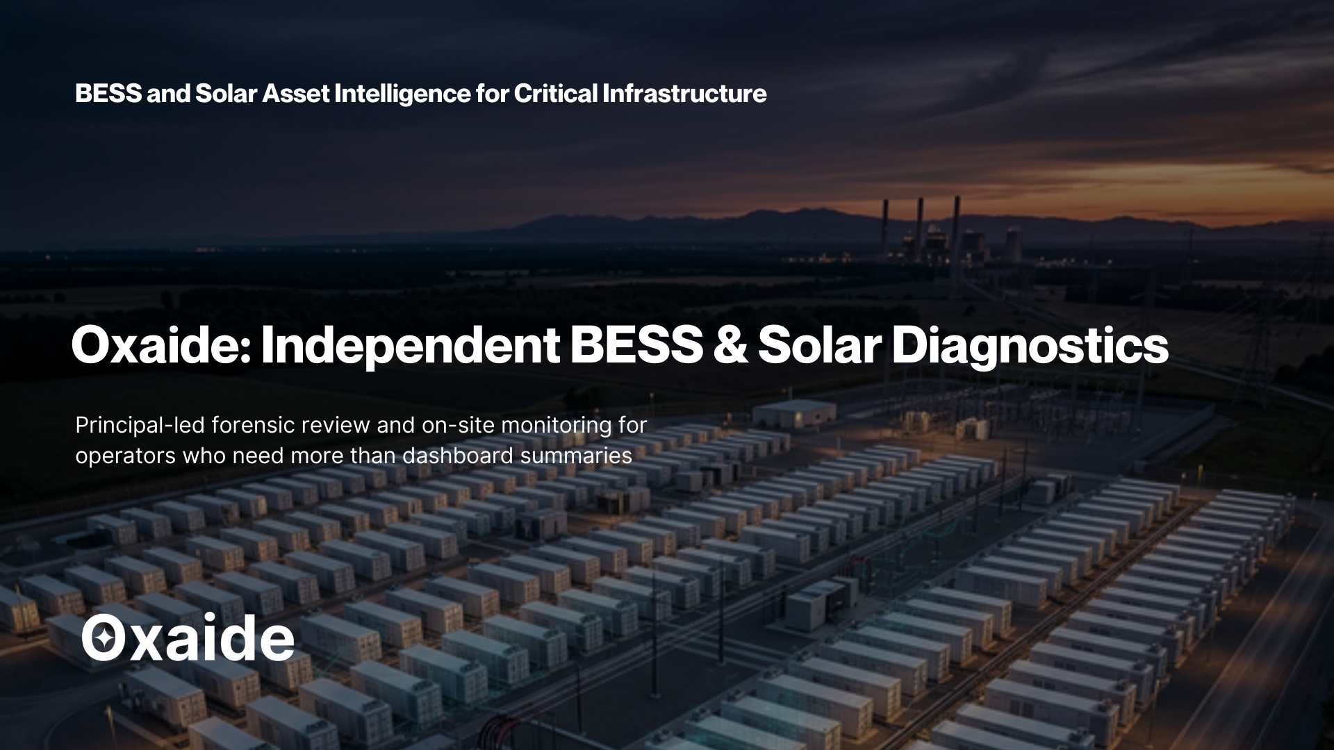 Oxaide institutional technical briefing cover for BESS and solar diagnostics
