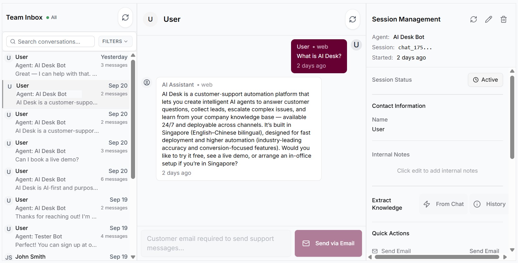 Oxaide Team Inbox Interface showing professional conversation management and escalation features
