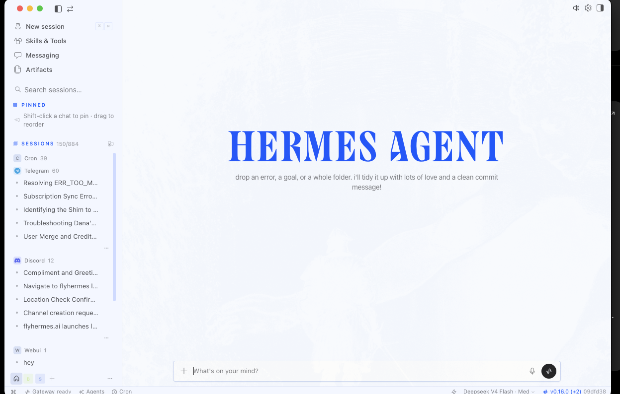 The Hermes Agent workspace with saved sessions, messaging channels, artifacts, and a research prompt composer