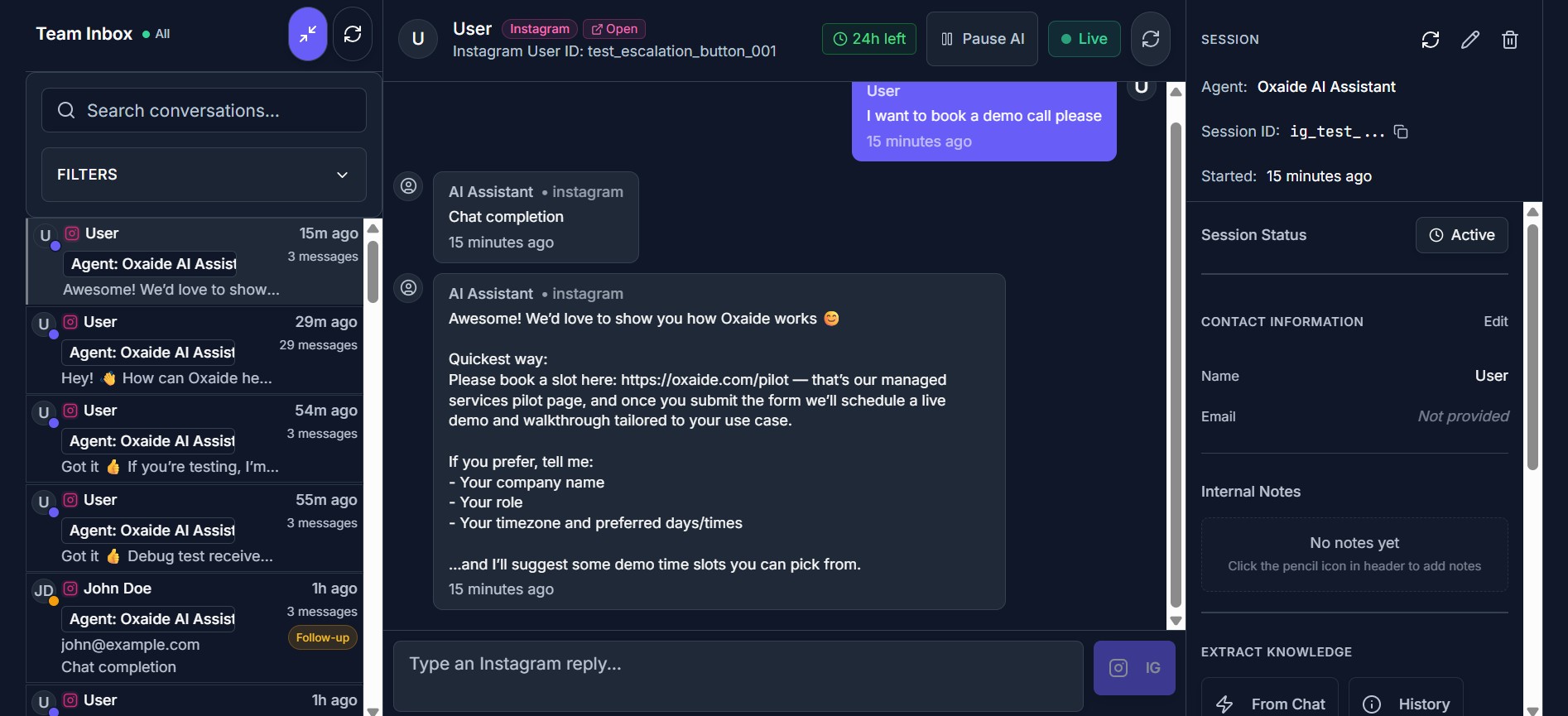 Oxaide Team Inbox Interface showing professional conversation management and escalation features